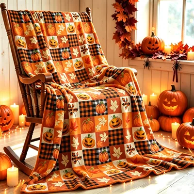 Halloween Pumpkin Patchwork Plaid Blanket: Spooky Squares for Fall