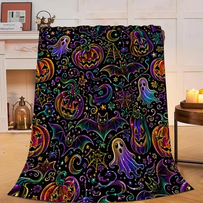 Colorful Halloween Ghosts Blanket: Neon Pumpkins and Bats Design