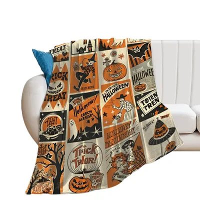 Vintage Halloween Trick or Treat Blanket with Retro Patchwork Design