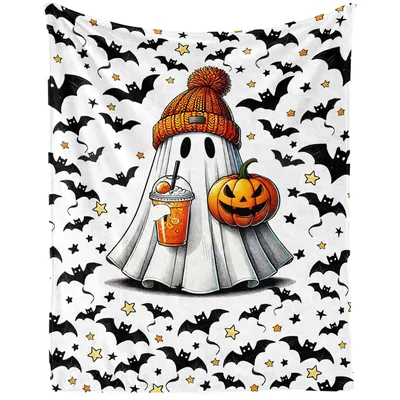Ghost with Pumpkin Blanket: Spooky Ghost in Beanie Holding Drink