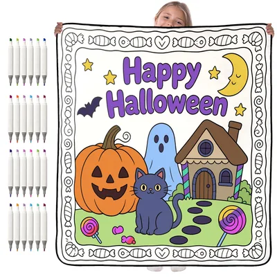 Happy Halloween Coloring Scene Blanket featuring a pumpkin