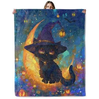 Witch Cat on Crescent Blanket: Black Kitten in Witch Hat with Lanterns
