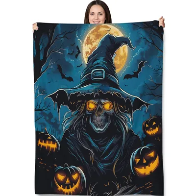 Skeleton Witch with Pumpkins Blanket: Spooky Skull Design