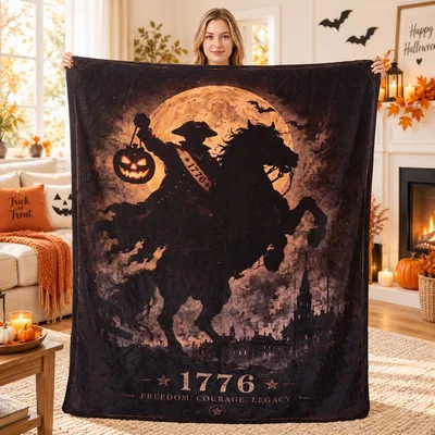 Horseman Silhouette Moon Halloween Blanket featuring a colonial rider