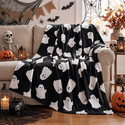 Black Ghost Shapes Pattern Blanket: Spooky White Silhouettes on Black