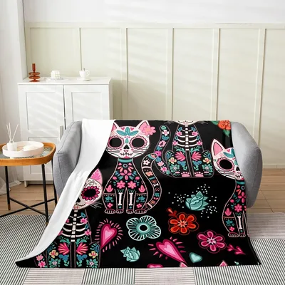 Sugar Skull Cats Floral Blanket: Boho Skeleton Cat Design