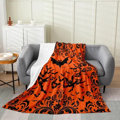 Bats Damask Halloween Pattern Blanket Gothic Orange Throw
