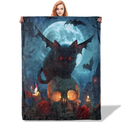 Halloween Cat with Bats Blanket: Spooky Gothic Art for Your Couch