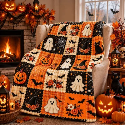 Halloween Patchwork Ghost Pumpkin Blanket for Spooky Fall Cozy Vibes