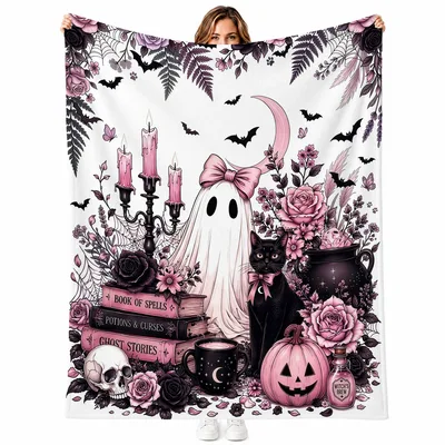 Halloween Ghost Cat Candles Blanket: Spooky Gothic Feline Design