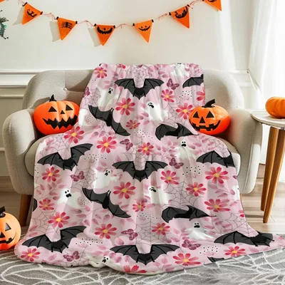 Pink Bat Floral Halloween Blanket featuring black bats