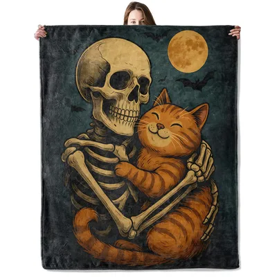 Skeleton Hugging Orange Cat Blanket for Spooky Pet Lovers