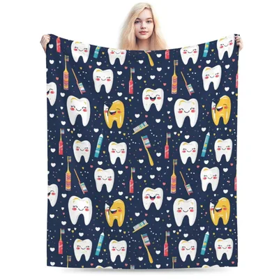 Dental Cartoon Teeth Blanket: Smiling Tooth and Brush Pattern