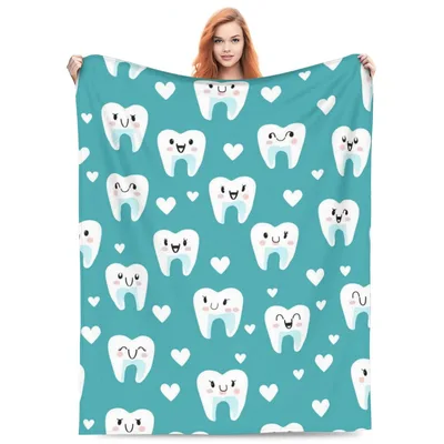 Cartoon Teeth Pattern Blanket featuring cute smiling molar characters