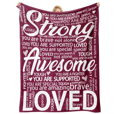 Burgundy Word Cloud Encouragement Blanket Strong Awesome LOVED Design