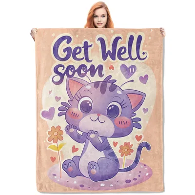 Get Well Soon Cute Blanket with Purple Cat and Hearts Design