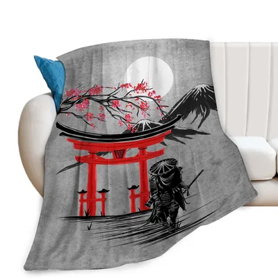 Samurai at Torii Gate Blanket featuring an armored warrior
