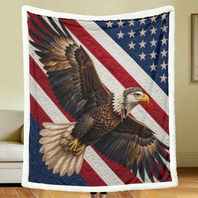 Flying Eagle American Flag Blanket with Headdress and Quilted Stripes