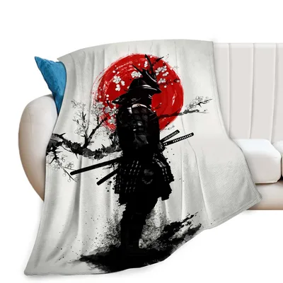 Samurai Warrior Silhouette Red Blanket
