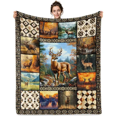 Deer Patchwork Blanket: Rustic Aztec Deer Forest Throw