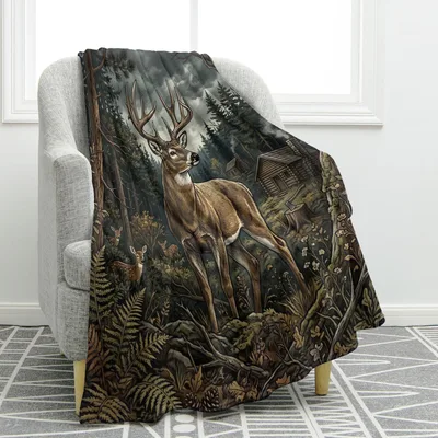Forest Deer Blanket: Majestic Buck in a Woodland Cabin Scene