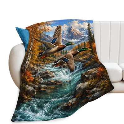 Mallard Ducks Mountain River Blanket: Wildfowl Hunting Scene