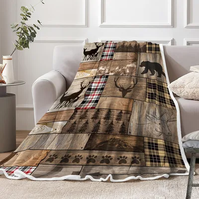 Rustic Cabin Hunting Deer Blanket: Patchwork Forest & Plaid Design