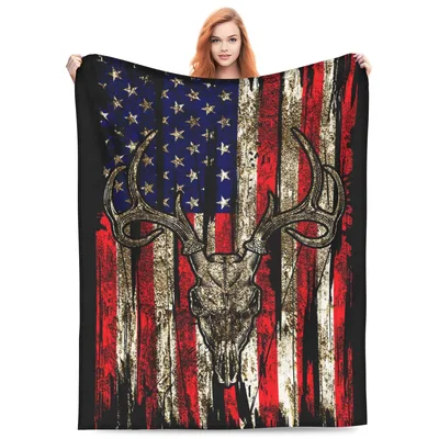 Deer Skull American Flag Blanket: Rustic Hunting Design