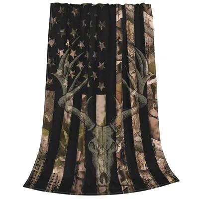Camo Deer Hunting Flag Blanket featuring a camo American flag pattern