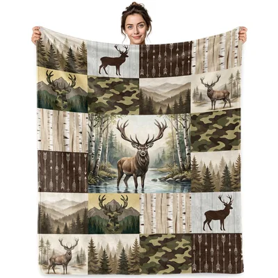 Deer Forest Camo Patchwork Blanket featuring stag silhouettes