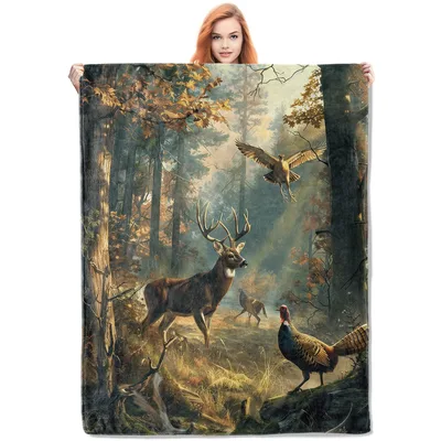 Deer Forest Wildlife Scene Blanket featuring a realistic buck