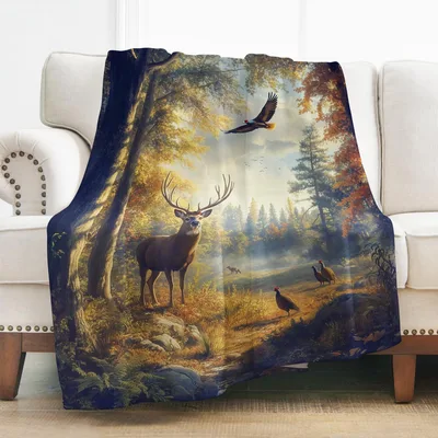 Deer Autumn Forest Scene Blanket featuring a realistic buck