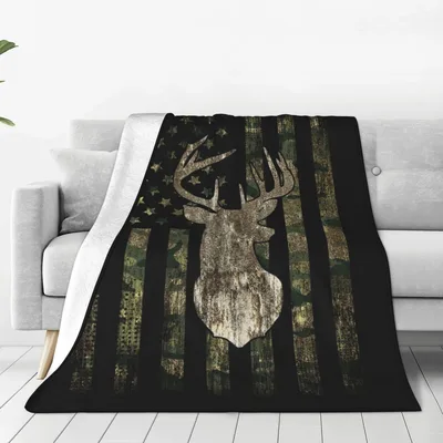 Camo Deer American Flag Blanket: Camo Camouflage Hunting Deer Design