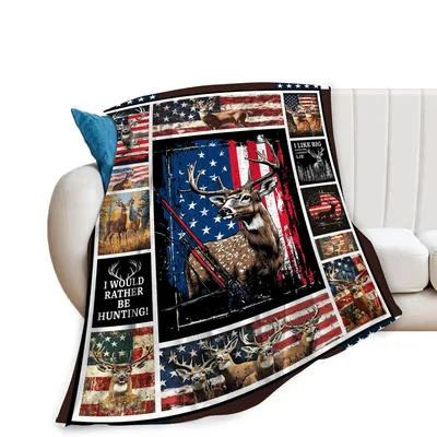Deer Hunting Americana Collage Blanket with Patriotic Buck Design