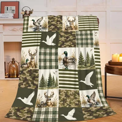 Hunting Deer Ducks Blanket: Patchwork Design with Mallards and Camo