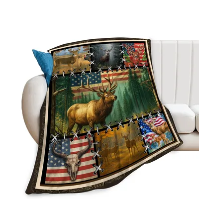 Elk and Deer Hunting Blanket: American Flag Wildlife Collage Design