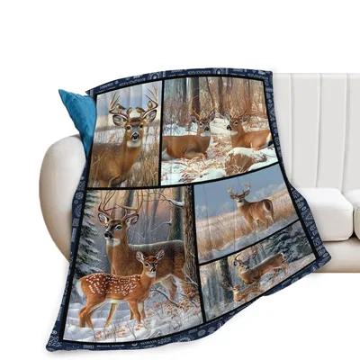 Deer Hunting Winter Scenes Blanket: Collage of Buck and Fawn in Snow