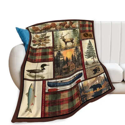 Cabin Woodland Hunting Blanket featuring a rustic collage of deer