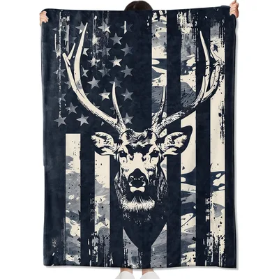 Deer Head American Flag Blanket: Camo Buck Design for Hunters
