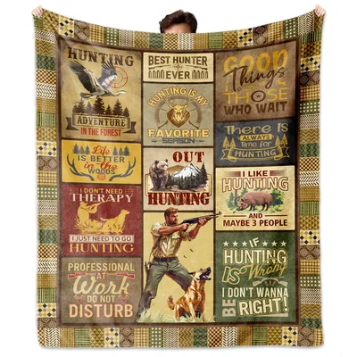 Hunting Vintage Signs Blanket features a collage of rustic