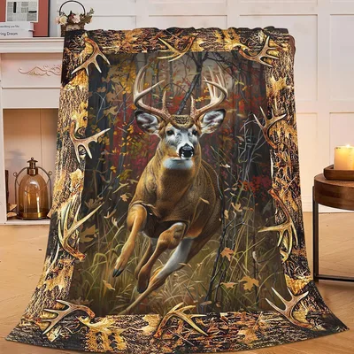 Running Deer in Autumn Blanket: Hunting Forest Art