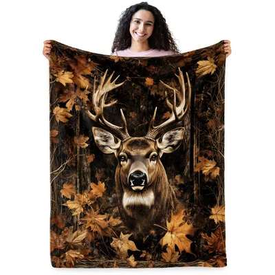 Whitetail Buck in Autumn Leaves Blanket: Rustic Deer Art for Hunters