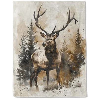 Elk Forest Nature Blanket: Majestic Bull and Pine Trees