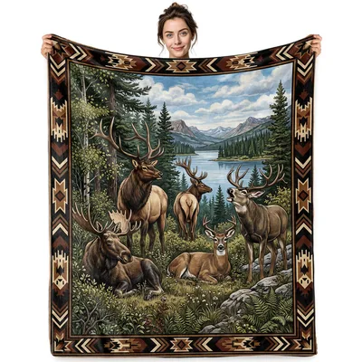 Wildlife Forest Lodge Scene Blanket featuring elk moose