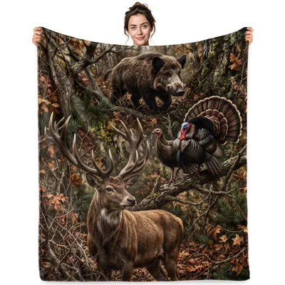 Deer Boar Turkey Camo Blanket Wildlife Scene for Hunters