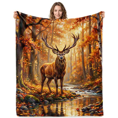 Deer Stag Autumn Forest Blanket: Majestic Deer in Golden Woods