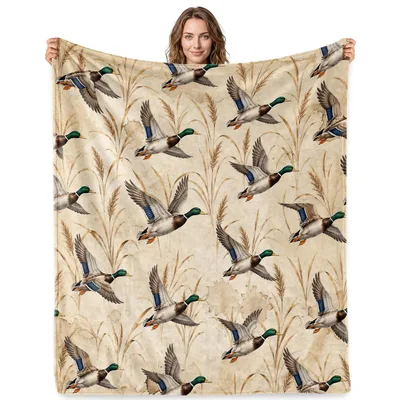 Flying Mallard Ducks in Reeds Blanket: Waterfowl Pattern Throw