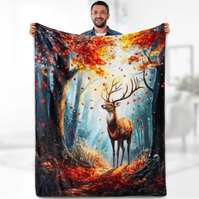 Stag in Autumn Forest Blanket: Spotted Deer in Red Leaves