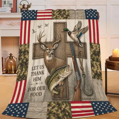 Hunting Christian Blanket with Deer, Duck, and Cross Design