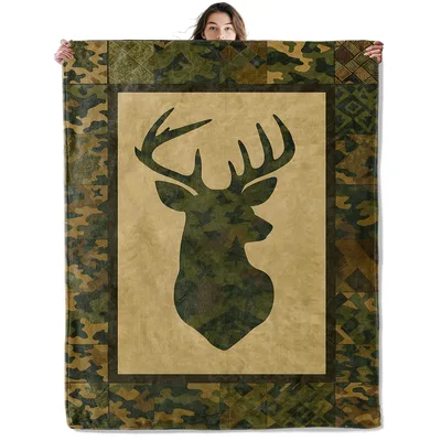 Deer Silhouette in Camo Blanket: Rustic Hunting Art for Outdoor Lovers